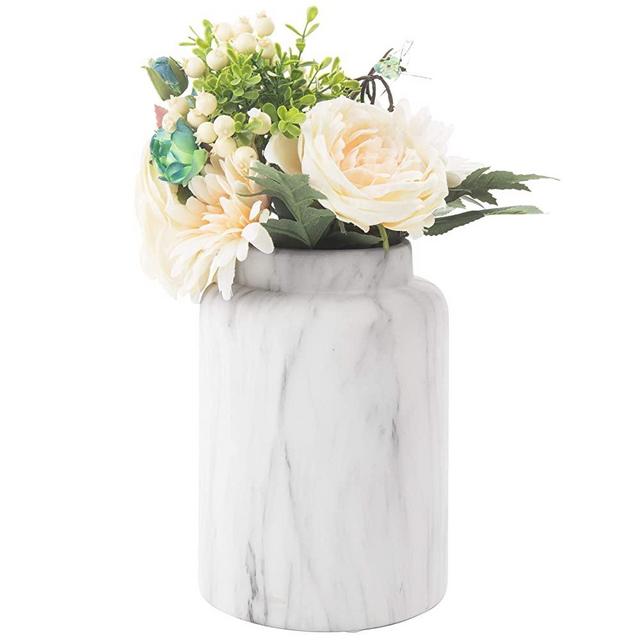 MyGift 5-Inch White Marble Pattern Ceramic Flower Vase with Matte Finish