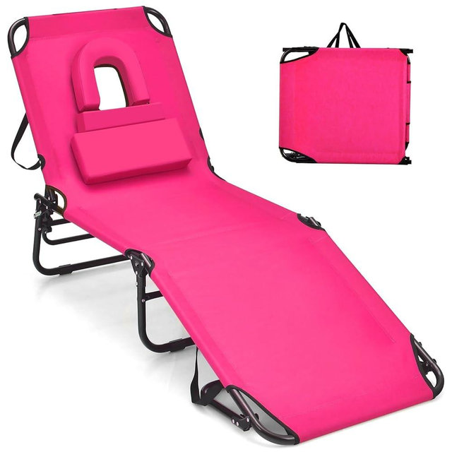 GYMAX Tanning Chair, 350lbs Beach Lounge Chair with Face Hole, Washable Pillow & Carry Strap, Adjustable Folding Chaise Lounge, Layout Chair for Outside, Patio, Poolside, Lawn (1, Pink)