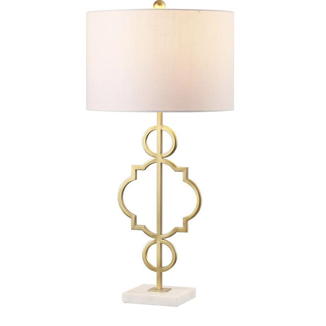 JONATHAN Y 31" Gold Modern Quatrefoil LED Table Lamp, Contemporary Metal Iron Lamp with White Marble Base and Linen Drum Shade for Living Room Bedroom, LED Bulb Included JYL3026A