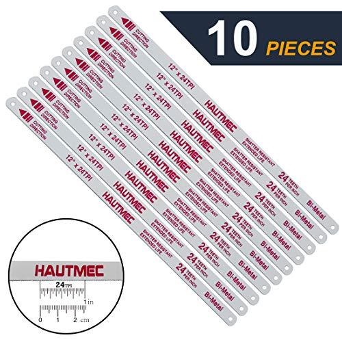 HAUTMEC Hacksaw Replacement Blades BI-METAL (10 Pack) High Speed Steel Grounded Teeth 24 TPI x 12" Length 0.025" Thick x 1/2" Width HT0017-CT