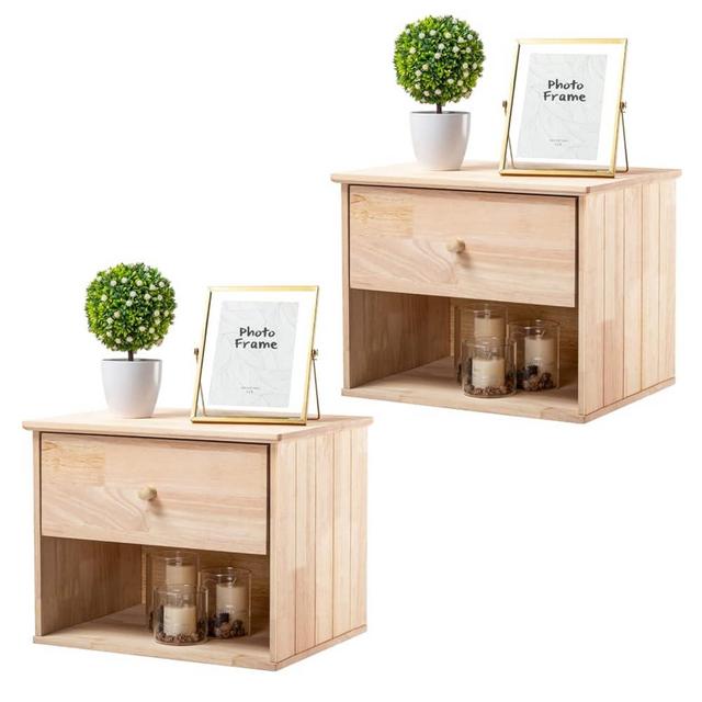 VINGLI Unfinished Natural Solid Wood Floating Nightstand for Bedroom set of 2, Small Nightstand with Drawer & Open Shelf, Farmhouse Night Stand Wall-Mounted Bedside Table for Small Space Color DIY