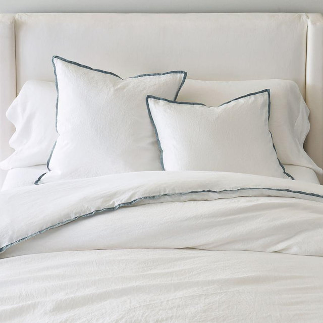 White/Chambray Belgian Flax Linen Contrast Duvet Cover, King/Cal. King