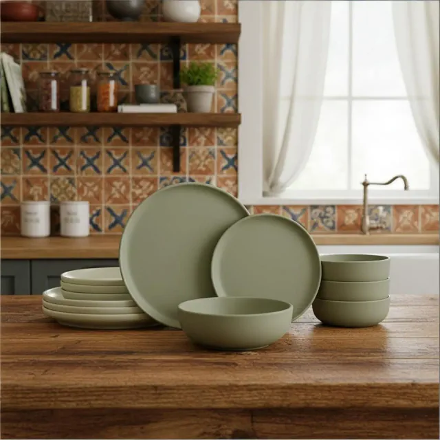 12-Piece Stoneware Dinnerware Set for 4, Plates & Bowls, Microwave & Dishwasher Safe, Non-Toxic Matte Glaze, Stackable Kitchenware