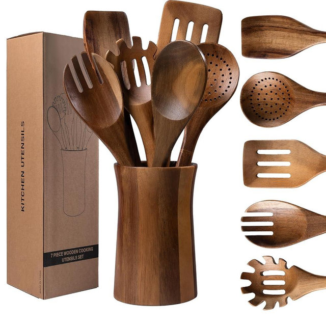 7 Piece Natural Acacia Wooden Kitchen Utensil Set with Holder - Wooden Spoons and fork for Cooking Comfort Grip Cooking Spoons, Spatulas, Strainer Spoon, Salad Fork, Mixing Spoon and Utensil Holder