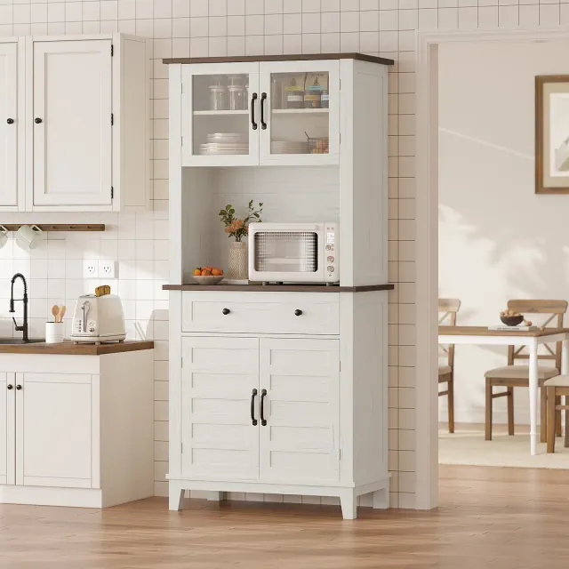 72 in Tall Kitchen Pantry Cabinet, Kitchen Hutch Bar Cabinet with Microwave Stand, Cupboard with Drawers Glass Doors for Dining Room, White