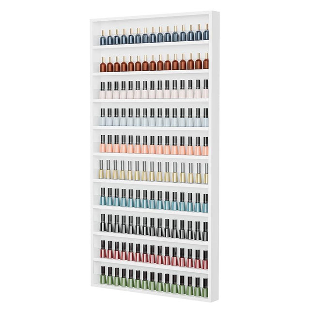 OmySalon Nail Polish Organizer Wall Mount - Holds 200 Bottles with Acrylic Barrier, Salon Display Rack for Home Spa & Nail Studio - Assembly Required, Wooden Polish Storage (White, 10-Tier)