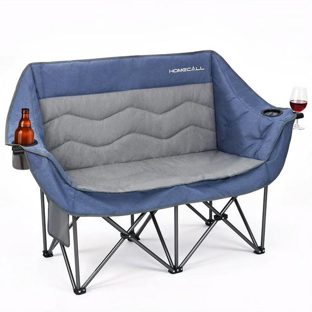 HOMECALL Double Camping Chair for Adults - Heavy Duty Folding Loveseat Support 700 lbs, 2 Person Padded Camping Couch Portable with Cup Holders & Storage Bag for Camping, Lawn, Sports, Blue