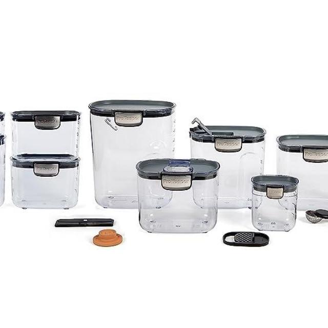 Progressive International ProKeeper+ 13 Piece Clear Plastic Airtight Food Flour Snack and Sugar Baker's Kitchen Storage Organization Container Canister Set with Magnetic Accessories