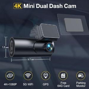 GKU Dash Cam Front and Rear Camera,4K+1080P, 5.8GHz WiFi & GPS Dash Camera for Cars,with 64G SDcard,1.47" Display Dashcam, 24HParking Mode,App Control,Super Night Vision,WDR,Support Max 256GB
