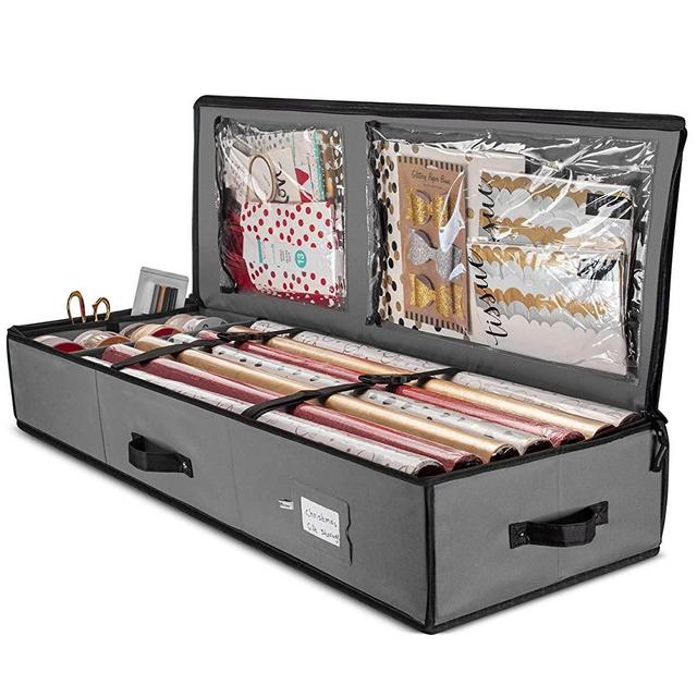 ZOBER Christmas Wrapping Paper Storage Bag - Fits 14 to 20 Standard Rolls Upto 40"- Slim Design Underbed Wrapping Paper (Grey & Black)…