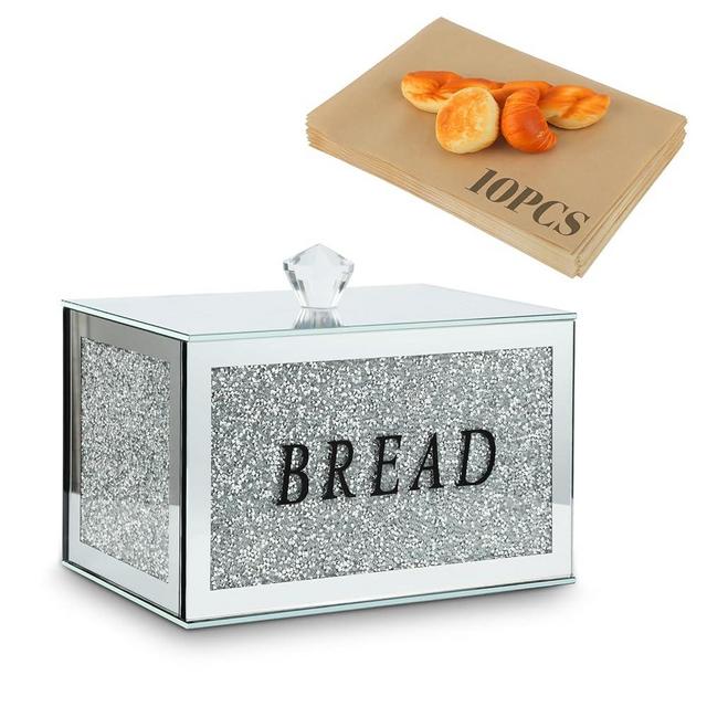 sugarchef Crushed Glass Mirror Diamond Bread Box Container for Kitchen Bins Countertop Silver Home Decor Bread Storage Sparkle Box (Silver)