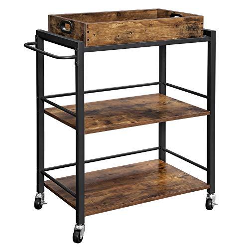 VASAGLE ALINRU Kitchen Serving Cart with Removable Tray, 3-Tier Kitchen Utility Cart on Wheels with Storage, Universal Casters with Brakes, Leveling Feet, Rustic Brown ULRC72X