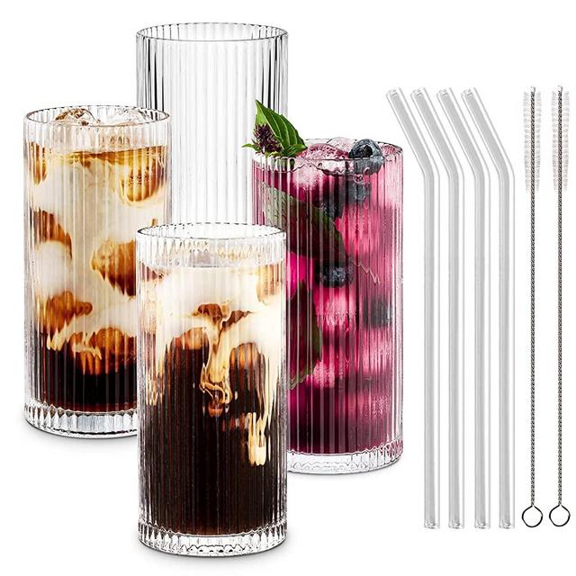 NutriChef 4 Pcs. of Highball Drinking Glass - Heavy Base and Tall Glass  Tumbler for Water, Wine, Beer, Cocktails, Whiskey, Juice, Bars, Mixed Drinks