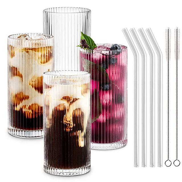 2 Pcs 8.8Oz Ripple Drinking Glass Set Origami Ribbed Glassware Bar Kitchen  Cup