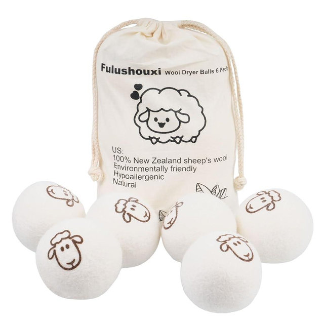 6 Pcs Wool Dryer Balls, Reusable New Zealand Natural Fabric Softener & Static Reducer Wool Laundry Balls for Dryer to Reduce Wrinkles & Shorten Drying Time, for Pet Hair & Laundry, with Storage Bag