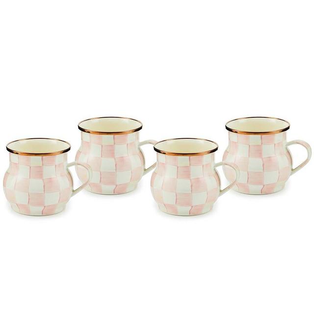 MACKENZIE-CHILDS Enamel Mug, Cute Enamelware Coffee and Tea Mug, Unique Drinkware, 16 Ounces, Pink-and-White Rosy Check, Set of 4