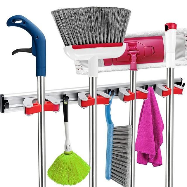 Broom Holder Wall Mount Adjustable - 20" Mop and Broom Holder Wall Mount - 4 Sliding Broom Hangers and 5 Mop Holders Wall Mounted, Garage Tool, Garden and Laundry Room Cleaning Supplies Organizer, Red