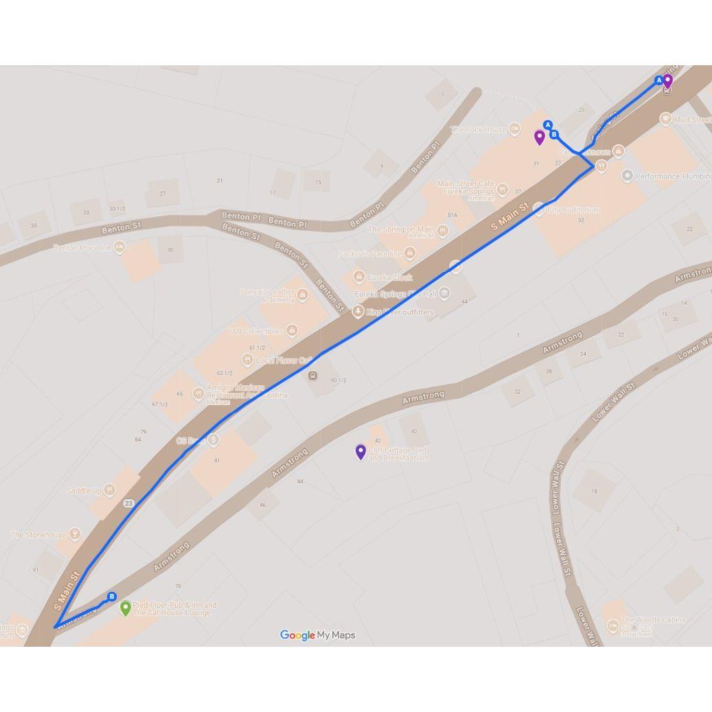 Walking Route Map | Close-up of the walking path from Trolley Stop #81 near Judge Roy Bean’s to the Pied Piper Inn for dinner.
