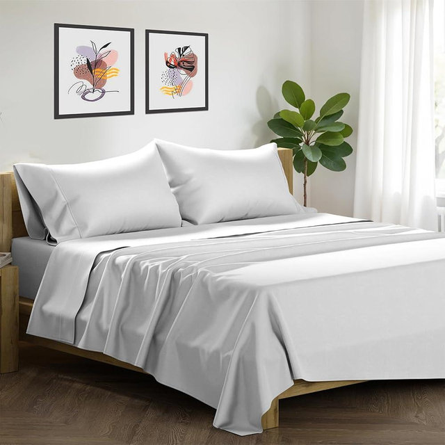 XOOX Linen 100% Egyptian Cotton Sheets California King Size - 1500 Thread Count 4 PC Cal King Sheet Egyptian Cotton, Soft, Cooling Sateen Sheet, High Thread Count Sheets California King - Light Grey