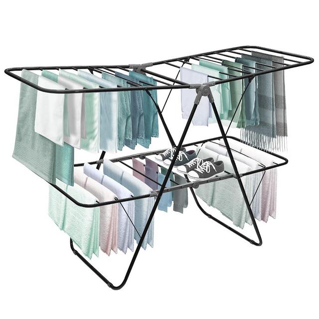 Brookstone – Extra Large – Double Spaced - 2 Tier Collapsible Clothes Drying Rack, Indoor/Outdoor Folding Hanging Garment Stand [NO Assembly - Ready Out of The Box], Black