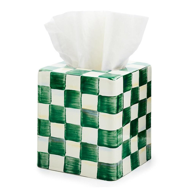 MACKENZIE-CHILDS Boutique Square Tissue-Box Cover, Tissue Holder for Home Decor, Green-and-White Emerald Check