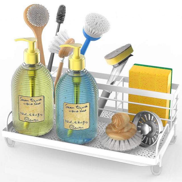 Cisily Kitchen Sink Caddy Organizer, Rustproof Non-Slip Soap Dish Dispenser Brush, Sponge Holder for Kitchen Sink, Kitchen Organization and Storage, Home Essentials Accessories (White)