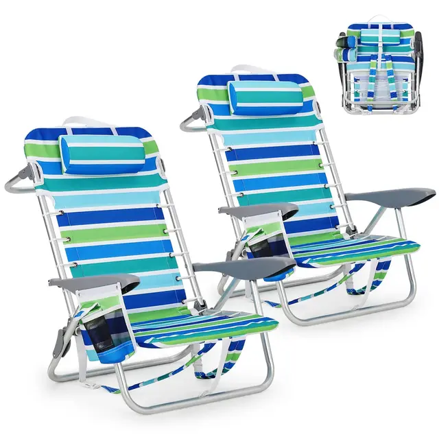 2 Pack Backpack Beach Chair for Adults Aluminum, Portable Lay Flat Folding Beach Chair with 5 Angle Adjustment, Phone Pocket, Towel Bar, headrest