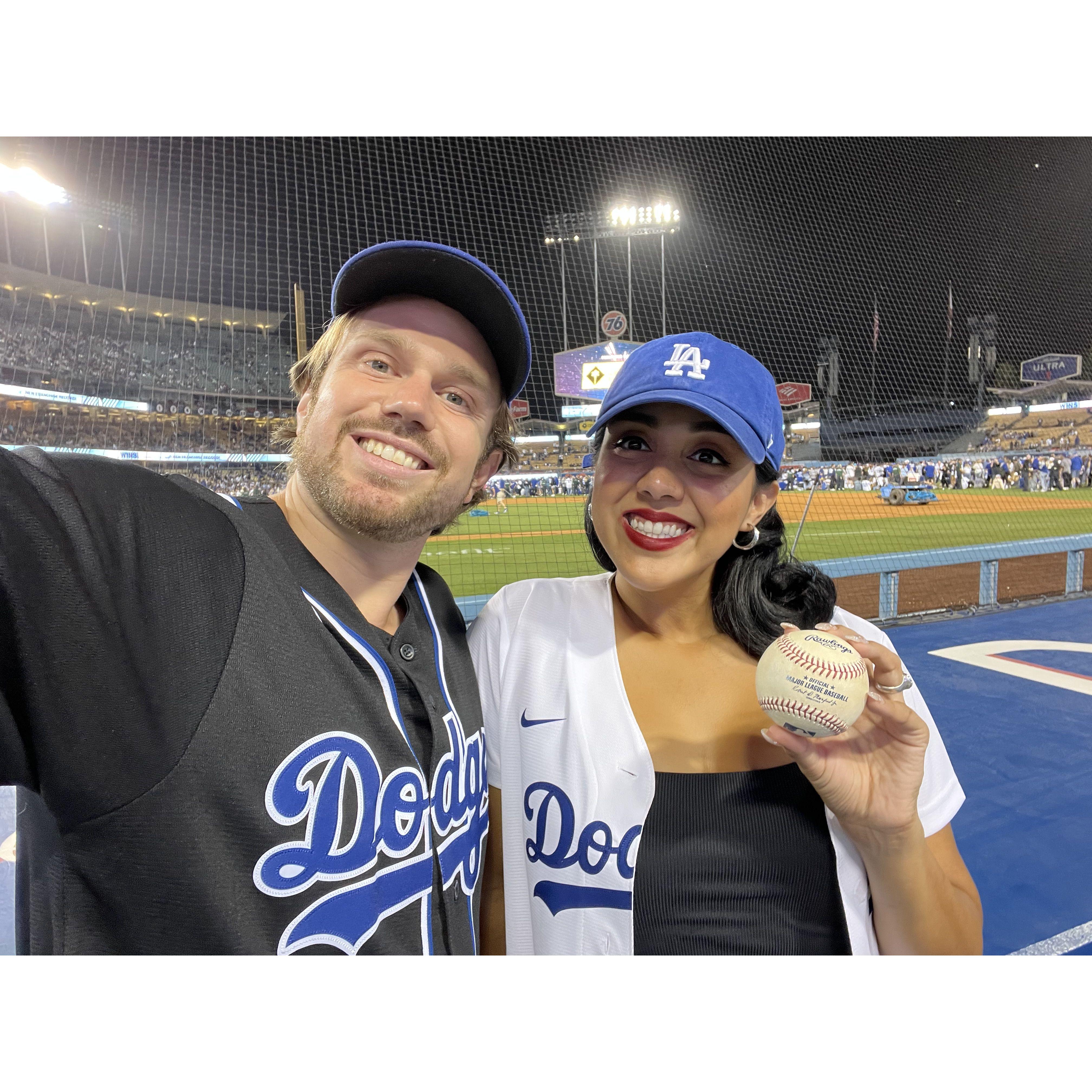 Go Dodgers! Chrisy got a foul ball on one of their visits to the Dugout club,
