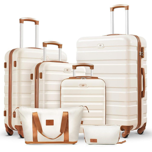 Suitour 6 Piece Luggage Sets, 16, 20, 24, 28 inch Hardside Carry-on and Checked Suitcase Set with Expandable Travel Duffle Bag Sets(Beige Tan)