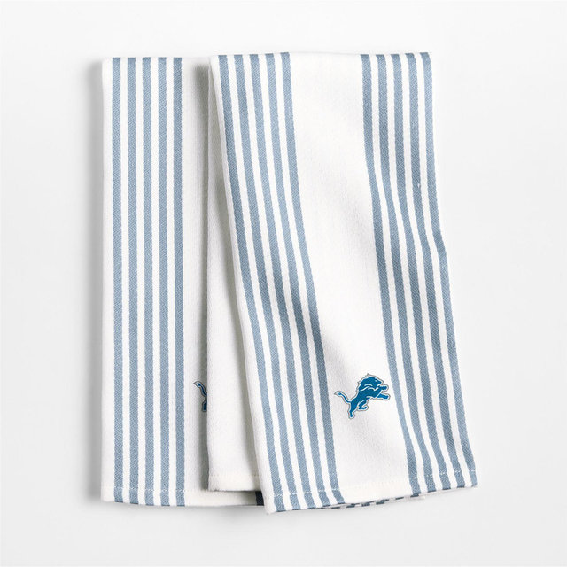 NFL Detroit Lions Cuisine White with Harbor Blue Stripe Organic Cotton Kitchen Dish Towel, Set of 2