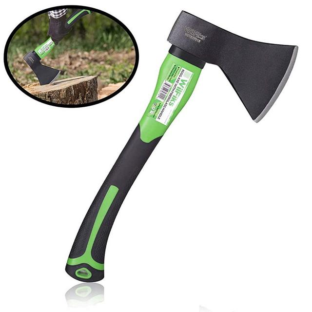 WilFiks Chopping Axe, 15” Camping Outdoor Hatchet for Wood Splitting and Kindling, Forged Carbon Steel Heat Treated Hand Maul Tool, Fiberglass Shock Reduction Handle with Anti-Slip Grip