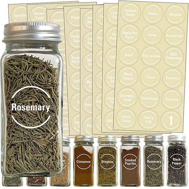 Talented Kitchen 144 White Spice Label and Pantry Label Set: 96 Spice Names + 30 Pantry Ingredients + 9 Blank Write-On Labels + Numbers. White Letters on Round Clear Sticker Water-Resistant for Jars