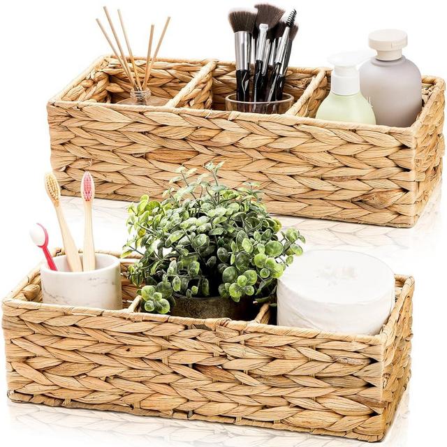 Pumtus 2 Pack 3-Section Wicker Baskets, Water Hyacinth Storage Bin, Handwoven Desk Organizer, Toilet Paper Container, Rectangle Holder for Counter Top Toilet Tank Shelves Coffee Bar Pantry