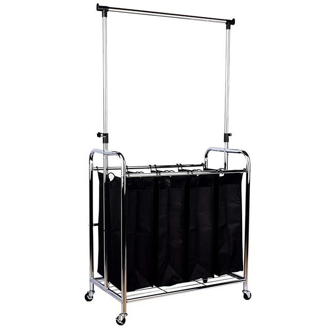 DRM Heavy Duty 4-Bag Laundry Hamper Sorter Cart with Hanging Bar and Rolling Wheels