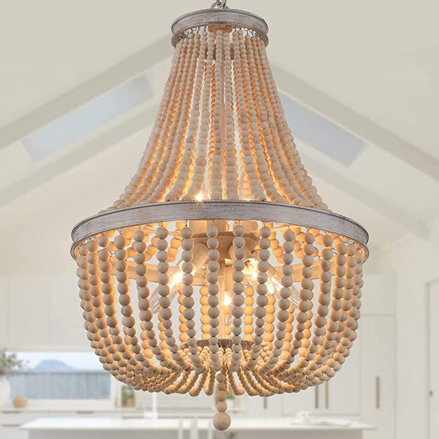 Q&S Farmhouse Wood Beaded Chandeliers,Oak White,8-Lights,Retro Vintage Antique Rustic Boho Chandelier Pendant Light Fixture for Foyer Living Room Bedroom Kitchen Dining Room Office Nursery