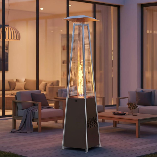 Sundale Pyramid Patio Heater, 48,000 BTU Propane Outdoor Heater with Wheels and Tip-Over Protection, Thickened Glass Tube Patio Heaters for Outdoor Use, Commercial & Residential (Brown)