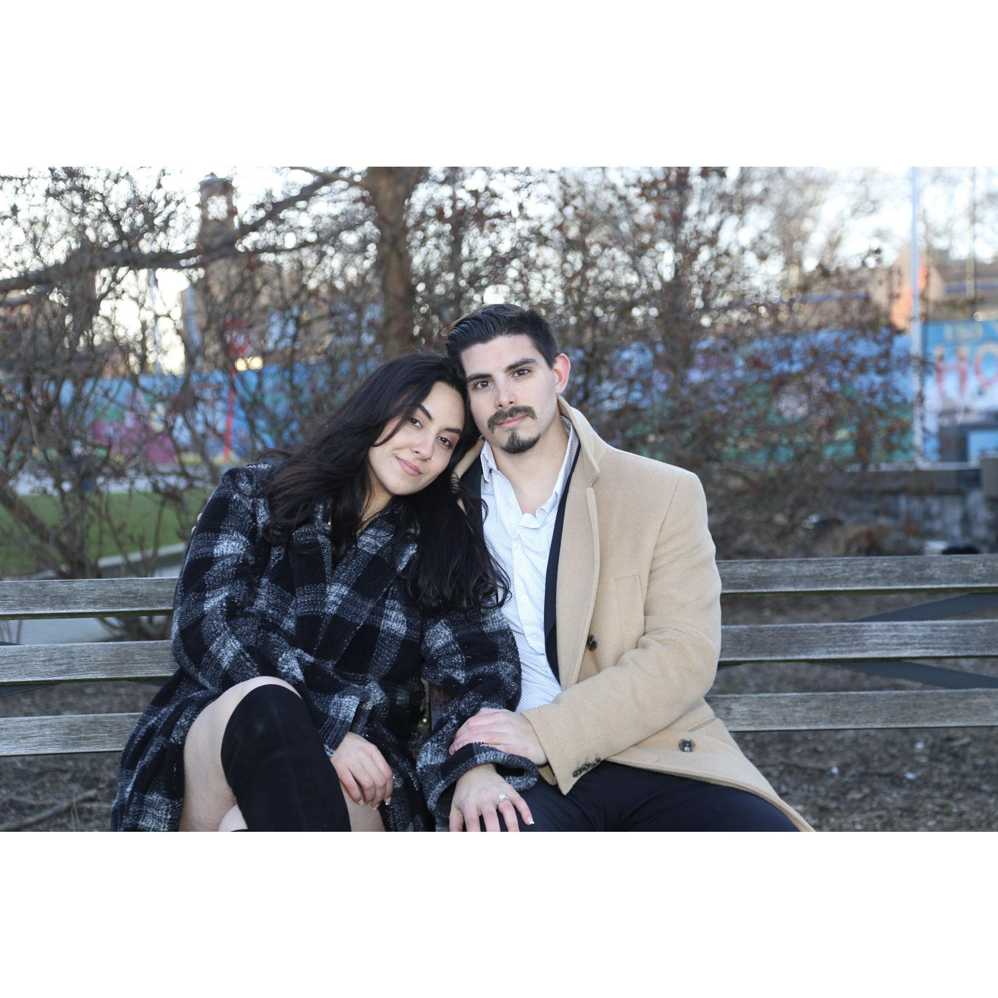 Engagement photos on the bench where we had our first kiss and where we started our relationship