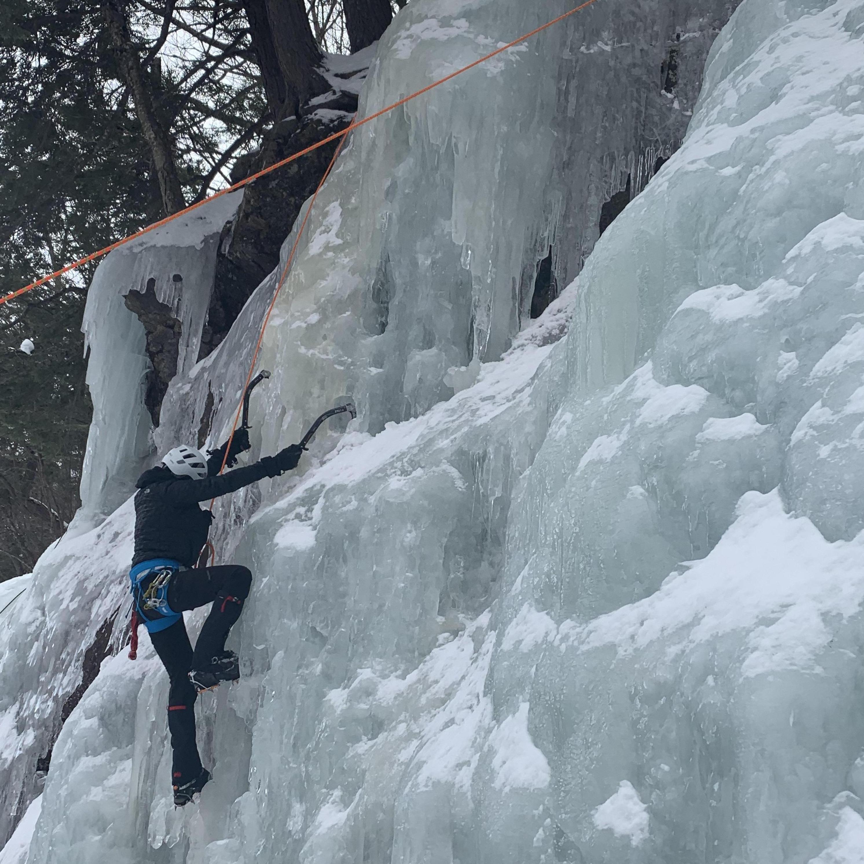 Lindsay braves ice climbing in North Conway, New Hampshire. (2020)