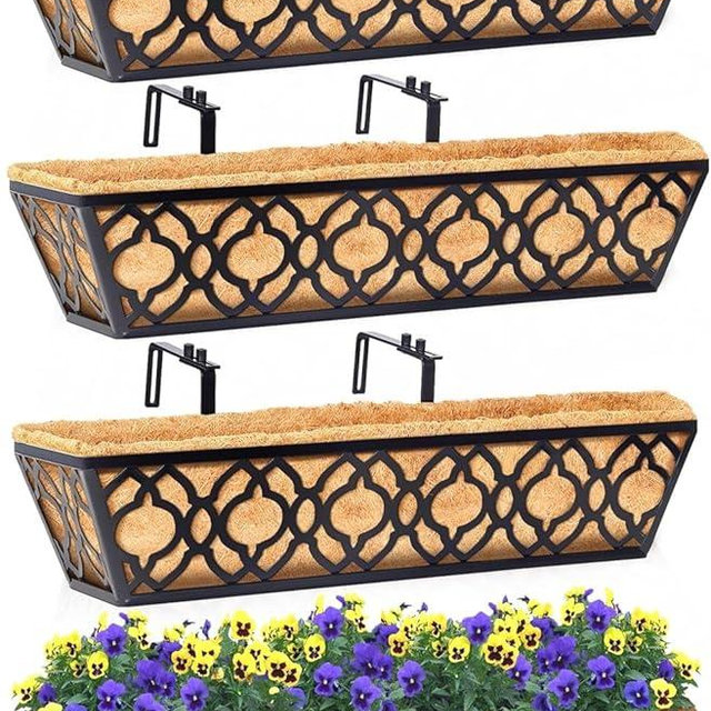 Y&M 24inch Window Planter Box 4Pcs Iron Window Deck Railing Planter with Coco Liner, Metal Horse Troughs Fence Planter for Outdoor Balcony Rail Fence Porch Patio