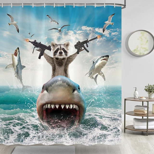 TOMOZ Funny Animal Shower Curtain, Cool Raccoon Riding Shark Theme Ocean Shower Curtain for Bathroom, Fun Nautical Kids Children Fabric Bath Curtain with 12 Hooks 69 x 84Inch