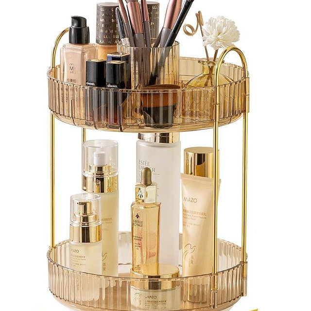 Asayuee 360 Rotating Makeup Organizer,2 Tier Large Capacity Make Up Organizers and Storage,Skincare Perfume Vanity Organizers,Bathroom Cosmetics Storage Organizer Countertop(Gold)