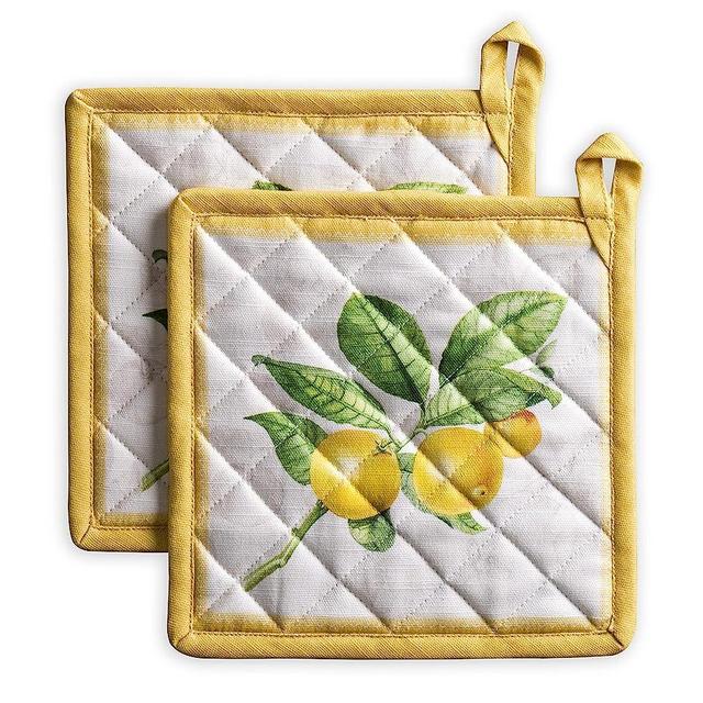 Maison d' Hermine Hot Pads 100% Cotton Pot Holders Set of 2 with Loop Heat Resistant Potholders for Gifts, Microwave, Barbeque, Handling Hot Pans, Limoncello - Spring/Summer (8"x8")
