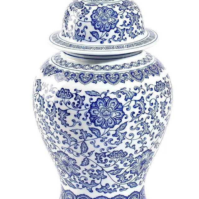 Blue and White Ginger Jars for Home Décor, Chinoiserie Porcelain, Ginger Jar Vase Decor, Good Ideal for Room,Office Decoration,15" H