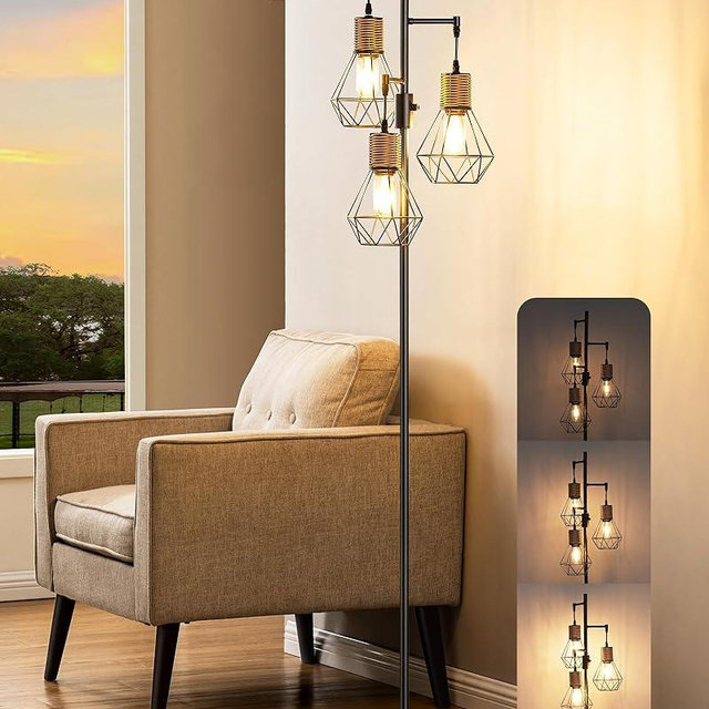 EDISHINE Dimmable Industrial Floor Lamp, Farmhouse Standing Lamp for Living Room with 3 LED Edison Bulbs, Diamond-Shaped Cage, Corner Rustic Rattan Reading Lamps for Bedroom, Office, Black