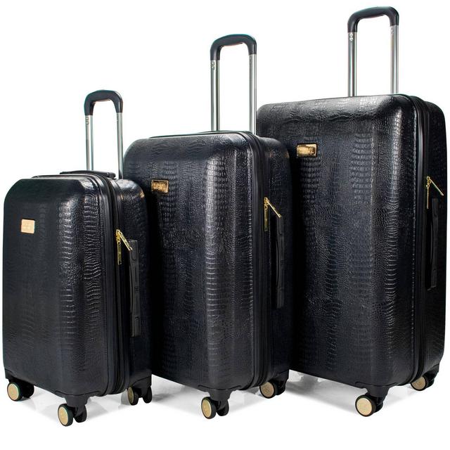 Badgley Mischka Snakeskin Expandable Hardside Checked 3pc Luggage Set - Black