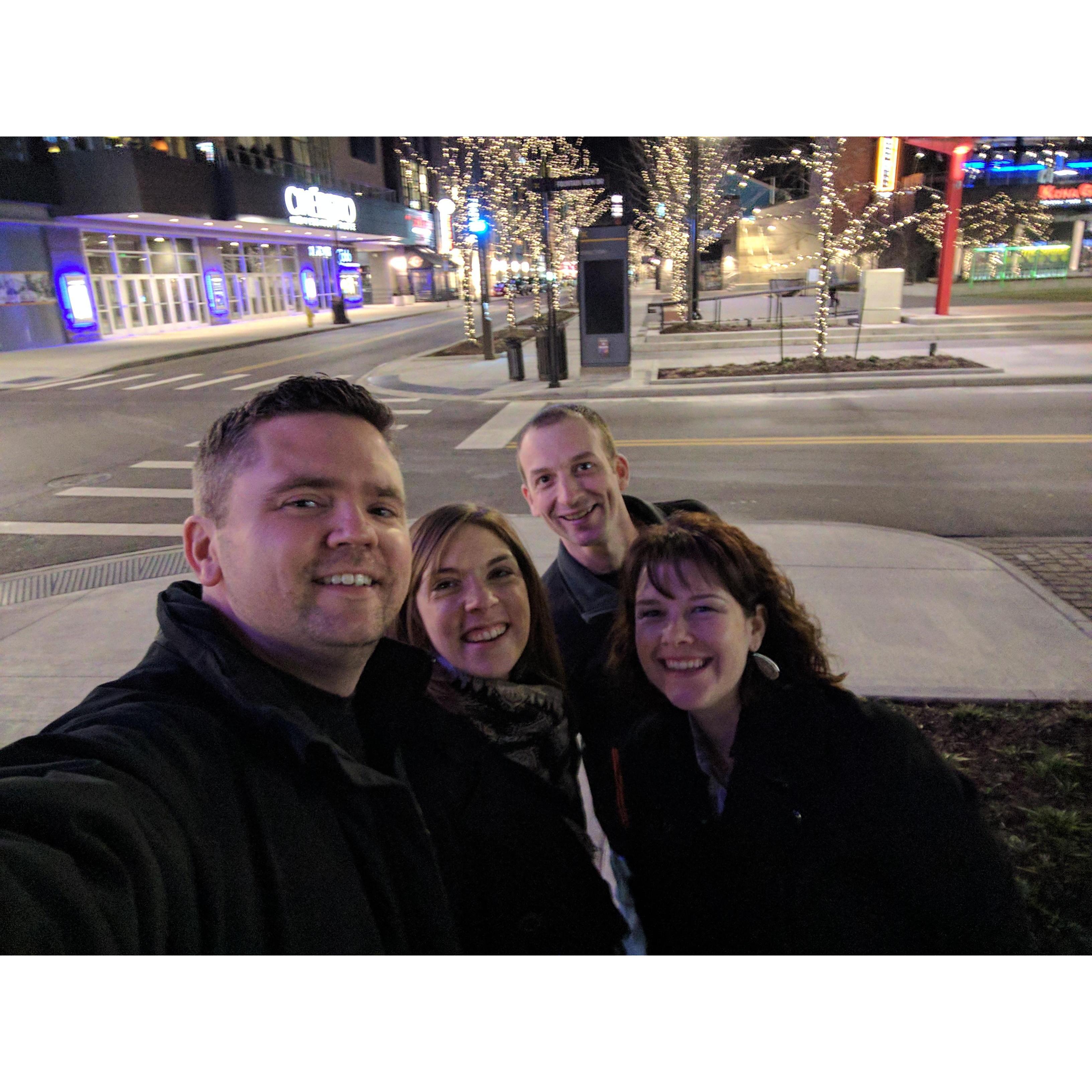 Jeff's birthday with friends, Brandon and Megan!  He doesn't want to talk about it!