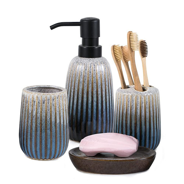 Ceramic Bathroom Accessories Set - 4 pcs Vanity Countertop Ceramic Bathroom Accessory Set for Home Decor with Soap Dispenser, Toothbrush Holder, Tumbler, Soap Dish