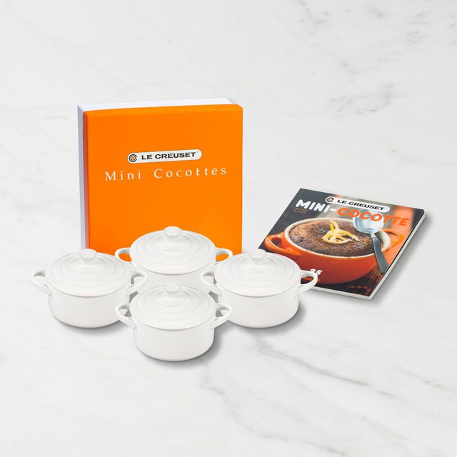Le Creuset Stoneware 8-oz Mini Cocotte + Cookbook, Set of 4, White