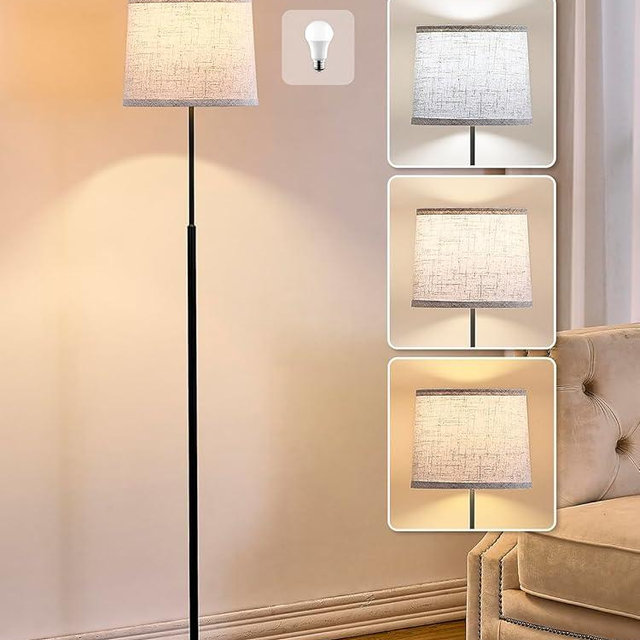 Hikczc 60" Modern Floor Lamp for Living Room Bedroom, Standing Lamp with Oatmeal Linen Lampshade, Tall Lamp with A19 9W 3 Color Temperature Bulb, Foot Switch Control, Black