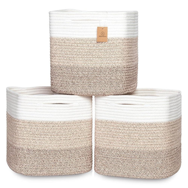 NaturalCozy 13 Inch Cube Storage Bins Cotton Rope Woven Baskets for Organizing 3-Pack | 13 x 13 Storage Cubes | Fabric Square Storage Baskets for Shelves Organizer, Kids Toy Bins, Closet Baby Nursery